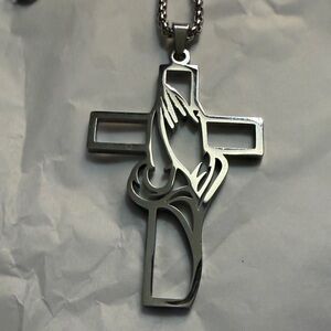Silver Praying Hands Cross Pendant Necklace New Nice Long Chain 26 inch chain